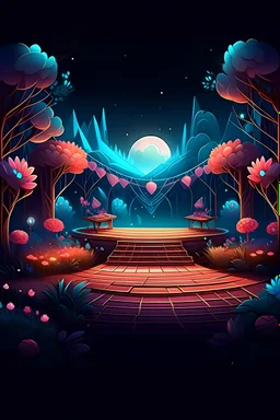 Create a mesmerizing 2D illustration of a music event stage illuminated under the enchanting evening of spring