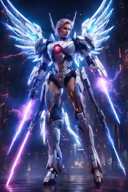 Photography realistic neon lightning around, epic scene of the beautiful woman Angel with cyborg gundam robotic,full body, lightning, sharp focus, fantasy, concept art, dynamic lighting, epic composition