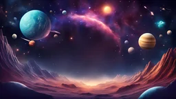 Background with an image of a cosmic landscape, where stars and planets create space to place text.
