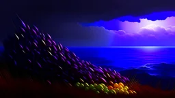 Purple Corn in a Rainbow symbol of peace up on the sky,Photo-realistic scene ,desolate, standing on a jagged cliff, overlooking turbulent, inky black ,A storm brews in the distance, with dark, ominous clouds gathering, powerful beam pierces the darkness, and within its light, ethereal shadows of shipwrecked souls can be seen, their translucent forms forever searching for a way home.