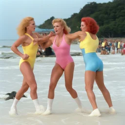 (from the 90ties movie "catfight on the beach") two women fighting on the beach: the blond has a yellow high cut leotard, the redhead has a pink high cut leotard.