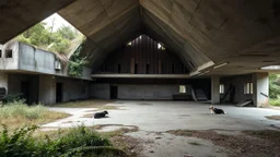 A semi-abandoned community center partially covered by wild vegetation, large planes of broken concrete and damp wood forming a sculptural and asymmetrical composition, open spaces without hierarchy where dogs rest under inclined structures, total integration between ruin and peripheral urban landscape, spatial density and poetics of imperfection, visual representation inspired by Japanese wabi-sabi, brutalist photography and matter paintings by Antoni Tàpies.