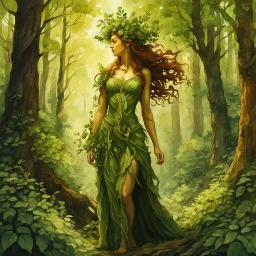 create an oil and watercolor full body portrait of a forest dryad enchantress , with highly detailed, sharply lined facial features, in the deep forest of Brokilon , finely inked, in rustic colors, 4k in the style of Maxfield Parrish