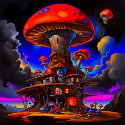 A fantabulous black, orange, and blue (((mushroom tower house))) erected atop a (geologic pillar), surrounded by the uncanny imaginative ((( swirling skies))), offset by the stark hues of a (neon-tinged nebulous space scape), within. captured by the hand a skilled master painter with a focus on (softly blurred compositions and voluminous lighting).