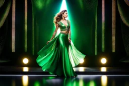 a very beautiful lady with makeup and curvy hair, wearing a pretty green jewelled long skirt with blouse and high heels, dancing over a modern stage with luxury metalic fractal recursive structures and dynamic color lights.3by 2