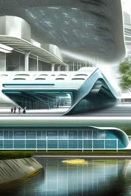 Water metro station design, modern, sophisticated, futuristic, assume year to be 2100