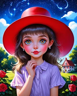 stylized artwork featuring a wide-eyed girl with a red hat in front of a whimsical house with swirling starry skies and vibrant roses. #fantasy #girl #redhat #roses #starryskies #whimsicalhouse