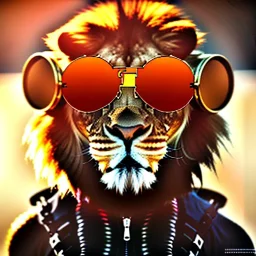 Lion toddler, smile, steampunk headphone, sunglass, gangsta neckless, full body, orange puffer jacket, tokio background, dramatic lighting, hyper realistic, unreal engine 5, 16k