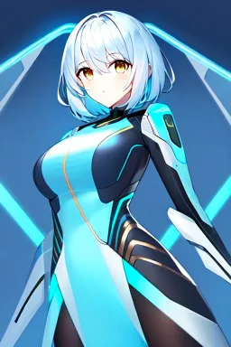 Young miqo'te with golden eyes and light blue short hair, futuristic clothing