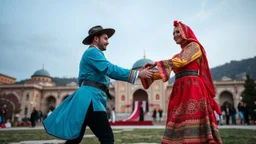 a azeri couple in folk costum dancing in national still,in capital city tabriz in front of Ark,full body shot