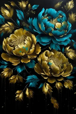 painting of turquise Peonies flowers with gold flowers in center of canvas black background