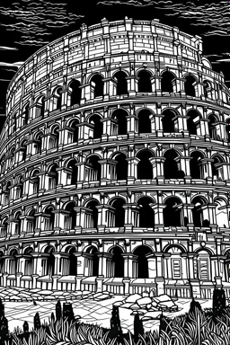 Beneath the starry night sky, the Colosseum stands as a colossal silhouette, bathed in moonlight. Within, a gladiatorial match unfolds under the soft glow, the combatants illuminated by flickering torches, their silhouettes against the ancient architecture, evoking a sense of mystique and ancient power. Coloring page book, artline, sketch, White background. coloring page book.