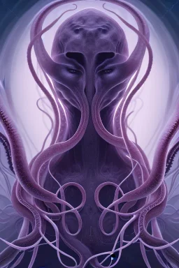 Spiritual being with Tentacles over human Head creating reality around, wrapping Tentacles around Human, Psychedelic