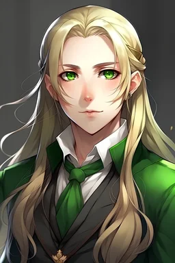 Anime portrait of a handsome young elf with long blond hair, piercing green eyes, and the uniform of a scholar.