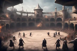 fantasy medieval fighting arena, frontal view with people on back