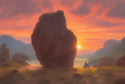 beautiful sunset, rocks, videgame landscapes influence, epic, one person, distant mountains, rodolphe wytsman, jenny montigny, and friedrich eckenfelder impressionism paintings