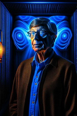 bill gates with a patent in the style of giger, spray paint, photo realism, trending on art station, 8k, depth of field, down light, light rays, volumetric, white hall in spaceship, blue, brown and orange