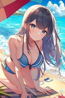 an anime waifu suntanning on the beach in a bikini