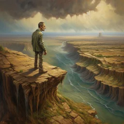 oil painting, an old track on a tall cliff, a man standing on the cliff and looking at the flooded city below him