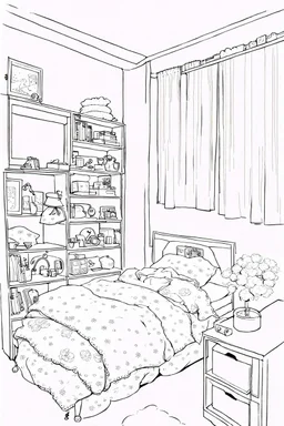 girl bedroom, many objects, line arts, manga style