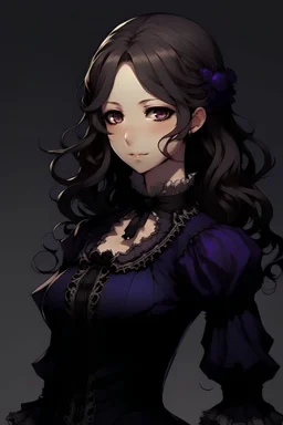 Personaje de anime femenina, con cabello hasta los hombros y negro. que su vestimenta sea un vestido violeta oscuro de la espoca victoriana. que sea vampira