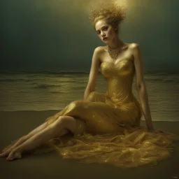 (Masterpiece1:5) By(Jan Saudek:Natalie Shau:1.5) (highest quality) (ultradetailed:1.5),bright Foreground with (gold sparkles floating Intricately through the painting:1.5),attractive and content woman 😁, she sits on the beach with snoot lighting is the defining light source,gold dress melting into the sand 😅),dreamlike, (surreal:0.5) beach with soft sand, High contrasts, vibrant colors, flawless Composition,Soft Lighting Create Depth Of Field. accentuates the beauty of the piece,provocative ar