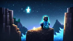 Minecraft Character, minecraft theme, purple starry sky, meditating, facing back, wearing gown, minecraft style, in between two cliffs,