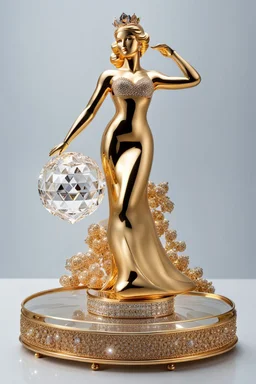 A magnificent cristal and gold heart-shaped sign adorned with a stunning berliant sphere encrusted with sparkling diamond clusters at its center, elegantly spinning in position,a golden Statue of a girl in standing pose,wearing 1960 clothing