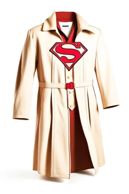 Men's Superman's Zara overcoat Winter elegant inspired by Superman's emblem design beige tones with dual color on a white background, product catalog photography, soft spot lighting, depth of field, 4k –ar 3:5 –q 2