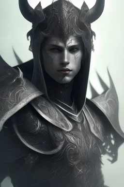 Shadow knight, horns,portrait, finely detailed black armor, intricate design, silver, silk, cinematic lighting, 4k,realistic, white eyes,Big arm,horror,highly detailed, digital painting, artstation, concept art, smooth, sharp focus, illustration, cinematic, vfx,blue flames in his eyes