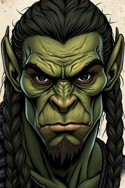highly detailed dungeons and dragons character portrait of the face of a handsome young male half Orc , tall, slender humanoid with rough, leathery skin and bright black eyes, sunken deeply in their orbits, long and angular skull with small, highly placed flat nose, and ears that are pointed. Highly detailed hair long hair in braids, rough hewn facial features, in the comic art style of Bill Sienkiewicz, Mike Mignola, Alex Pardee, and Jean-Giraud Moebius