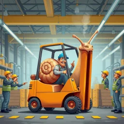 A giant snail in a factory driving around in a forklift, and are in the way for every worker, other angry workers stands around the snail and yell at him, pointing and give him the long finger