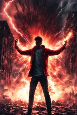 Young man standing, with arms raised with lightening coming from them, in front of an exploding building at night, with red auras around him