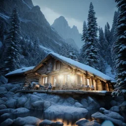 Five people inside a mountain hut, sense of fear, Alps, night, 8k, HD, cinematography, photorealistic, Cinematic, Color Grading, Ultra-Wide Angle, Depth of Field, hyper-detailed, beautifully color-coded, insane details, intricate details, beautifully color graded, Cinematic, Color Grading, Editorial Photography, Depth of Field, DOF, Tilt Blur, White Balance, 32k, Super-Resolution, Megapixel, ProPhoto RGB, VR, Halfrear Lighting, Backlight, Natural Lighting, Incandes