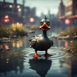 duck devil in pond, in the style of a fallout 4,bokeh like f/0.8, tilt-shift lens 8k, high detail, smooth render, down-light, unreal engine, prize winning