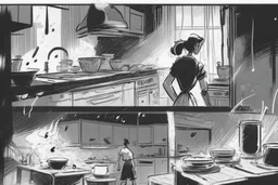 black and white storyboard, Peaple on foreground, between them in the middle we see cooks, scattered throughout the kitchen