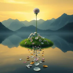 A surreal and dreamlike landscape featuring a single majestic [flower type] rising above a cluster of similar blooms. The flowers grow from a patch of vibrant green grass that floats atop a reflective water surface. Scattered petals extend across the water like a path, leading the viewer’s eye into the distance. In the background, shadowy mountains loom under a golden-yellow sky, casting a warm, ethereal glow. The water reflects the flowers, petals, and mountains, enhancing the mystical atmosphe