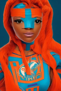 Coptic Art Style of Elle photorealistic portrait painting Afrofuturism Miami Dolphins-themed female superheroine orange and teal skin-tight costume Reisha Perlmutter Leng Jun Stan Lee Joseph Ducreux Kehinde Wiley Boris Vallejo Jeff Koons Marvel Comics chunyu japanesehighschool academic art street art 64 megapixels Pixar, Disney 3d digital art, Maya 3D, ZBrush 3D shading dynamic lighting iridescent