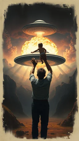 Bosch painting style nightmare, a man holding a baby up toward a ufo spaceship, in the background a nuclear explosion in the rear view , dramatic sad scene, fantasy, scary.