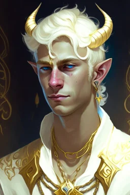 A young tiefling man, with white blonde hair who dresses in gold and white, wearing jewelry