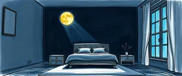 draw a room in dark colours with light from the moon coming through with a bed in the background