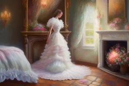 A beautiful romantic ruffled dress, decorated with beautiful embroidered flowers and lace, hanging on a hanger in a bedroom by the fireplace, in the light of the fireplace, Hyper realistic, oil on canvas award winning fantastic view ultra detailed acrylic art Ultra realistic Impressionism Surrealism simen johan, sharp focus intricate oil on canvas cinematic lighting photorealistic high detail ultra detailed crisp quality colourful