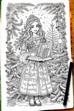 coloring page of a Christmas drawing, A4, white background, black and white, magical book style