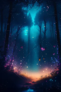 a landscape of a clearing in the forest. With a magical and fantasy atmosphere. Use cold colors. Add fireflies that look like little dots of light