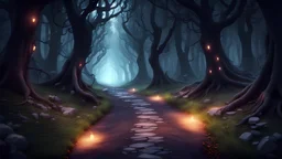 Creepy Dark mystical winding road in an enchanted forest, HD videogame character with dynamic lighting