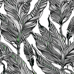 black and white banana leafs wallpaper pattern in vector lines, same line weight