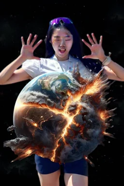 An image of a young Korean woman with a eyes closed expression happy, holding her hands up as if she is reacting to a catastrophic event in front of her. Film, cinematic, realistic, extreme depth of field, She is wearing a white blouse with detail, blue shorts, and sunglasses pushed up onto her head. In front of her, there is a highly detailed planet resembling Earth, dramatically cracking and breaking apart with fiery explosions and molten lava visible at the fractures.