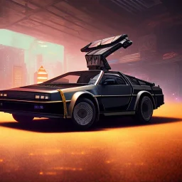 cyberpunk army DeLorean, cyberpunk 2077, center composition, reflection, ultra realistic, shiny, smooth, studio quality, octane render, Surrealism, Triadic colour scheme, glow-stick, god rays, mist on the horizon, ambient lighting, nightclub lighting, polaroid, 100mm, --ar 1:1 --v4