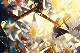 beautiful composition, symmetric pattern, Double exposure of cubes in which abstract flowers are, cracked holographic marble background, the cracks are golden S<AI in sunshine