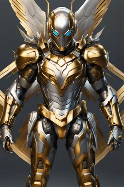 Full body Spider Man Angel cyborg straddle wings, using traditional armor,detailed, intricate,gears cogs cables wires circuits, gold silver chrome copper